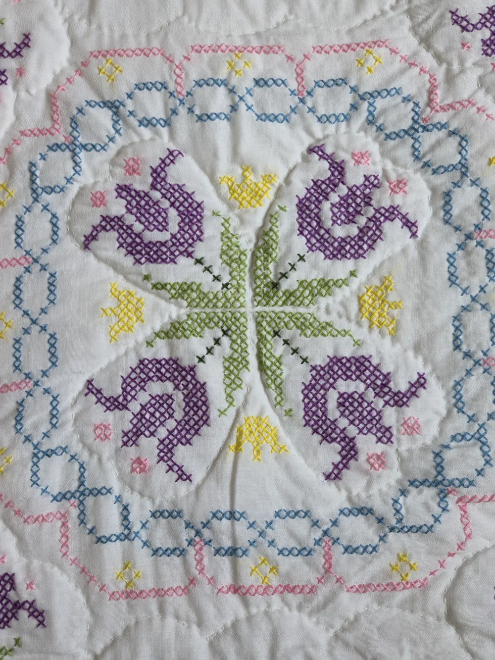 Vintage Handmade Floral Tulip Quilt Set - Signed Heirloom 3-Piece Lace Edge